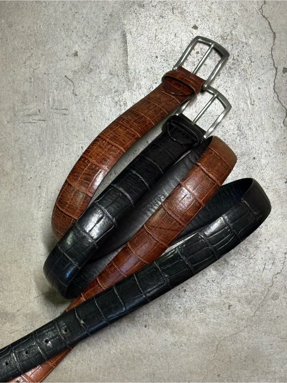Canali Pair Black Brown Alligator Style Italian Leather Belts Size 34-36 Bundle